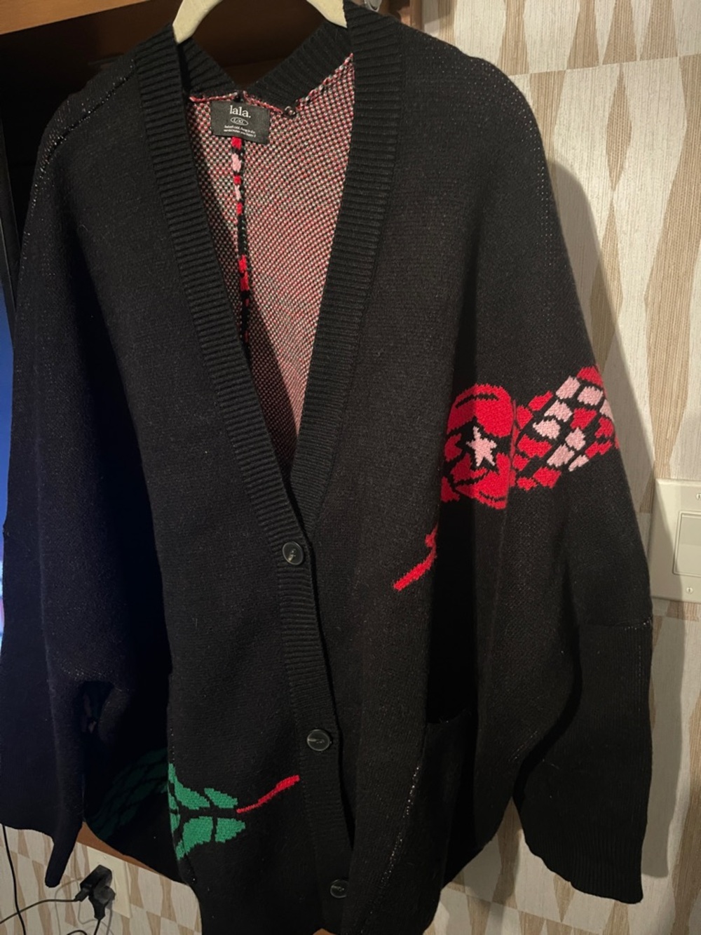 Dressed in LALA Black Cardigan with Red & Green Snake Motif